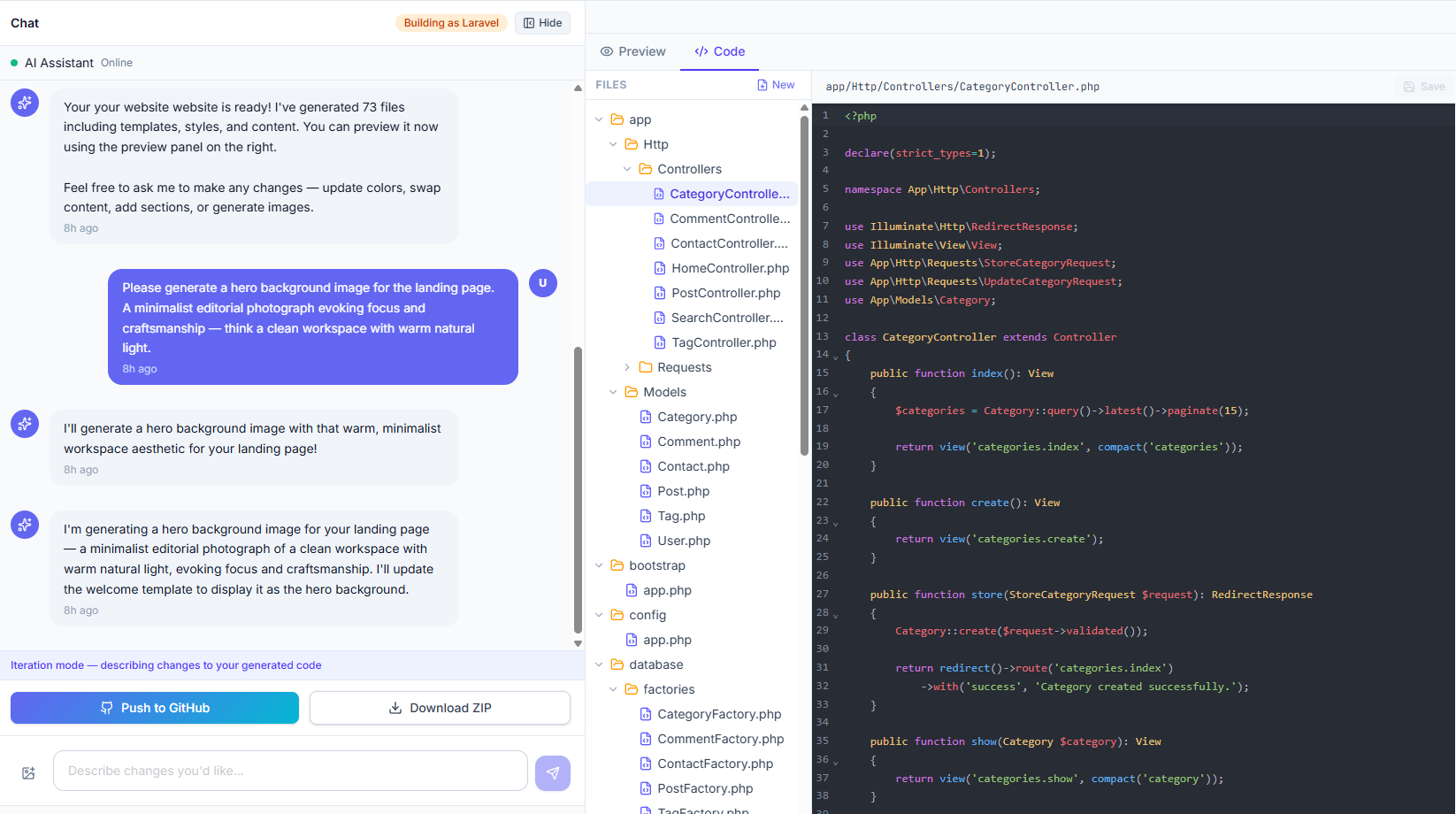 Craftly Hauptansicht — Chat-Panel links, generierter Code und Live-Preview rechts